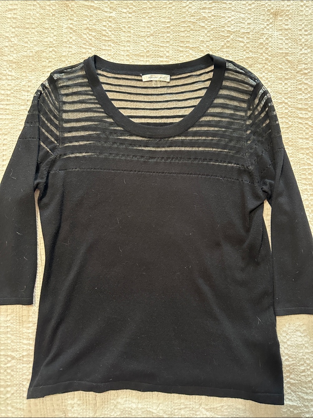 Avenue Black Sheer Striped Yoke Long Sleeve Top